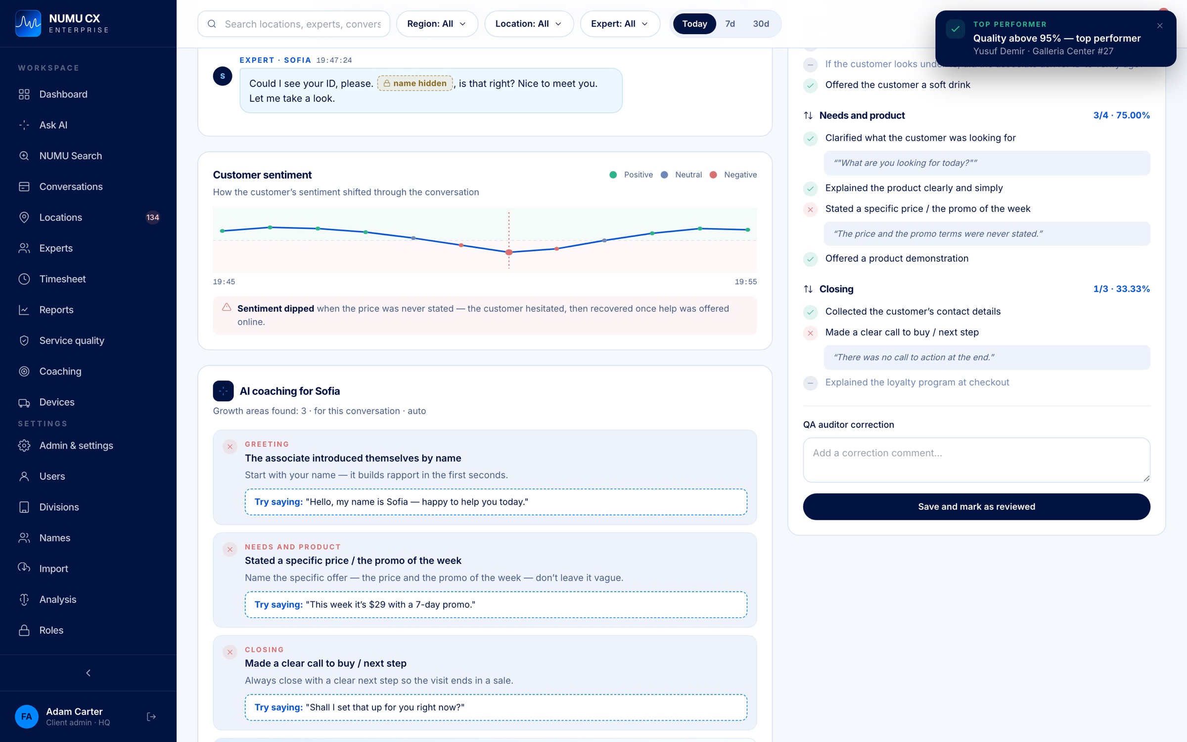 Interaction card: conversation transcript, customer sentiment and AI coaching